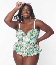 Unique Vintage Plus Size Green Monstera Print Daphne Swim Bottoms - Unique Vintage - Womens, SWIM, BOTTOM Monstera Print, Retro Swim, Plus Size Peplum, Plus Size Tankini, Vintage Plus Size, Swimsuit Material, Plus Size Swim, Vintage Swimwear, Vintage Swimsuits