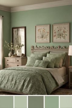 a bedroom with green walls and bedding in shades of light blue, grey, and white