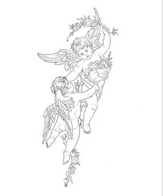 a black and white drawing of an angel holding a bird