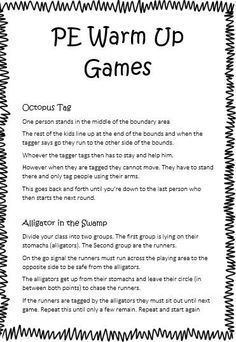 a poem with the words pe warm up games written in black and white on it