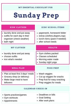 a printable lunch plan for kids with the text, my essential checklist for sunday prep