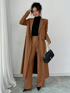 2pcs Set Solid Color Collared Full Length Long Sleeve Blazer And Trouser, Women Suit Brown Elegant  Long Sleeve Woven Fabric Plain  Non-Stretch  Women Clothing, size features are:Bust: ,Length: ,Sleeve Length: Fall Work Outfit, Office Attire Women, Work Outfits Frauen, Classy Wardrobe, Dark Academia Outfit, Casual Work Outfits Women, Single Breasted Blazer, Casual Outfits For Women