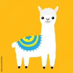 an alpaca with a blue and yellow blanket on its back is standing in front of a yellow background