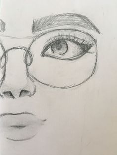 a pencil drawing of a woman's face with glasses on her head and nose