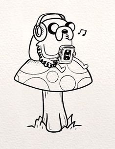 a black and white drawing of a mushroom with headphones on