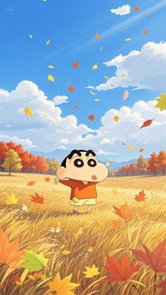 a cartoon character standing in the middle of a field with autumn leaves falling around him