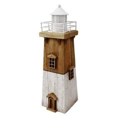 a wooden lighthouse with a white roof and window on the top is shown in front of a white background