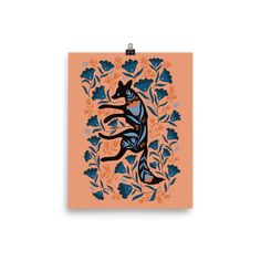 an orange and blue print with a kangaroo on it's back, surrounded by flowers