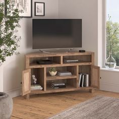 a living room with a large tv on top of a wooden entertainment center next to a potted plant