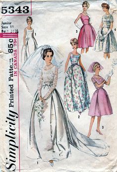 "1960's Vintage Wedding Dress Gown Evening Dress, Bridesmaids Dresses Simplicity 5343 Circa 1963 There are pics of the dress made when we had a dress making business. I do still have the pattern for the shawl also if you would like me to list it also. I have 2 sizes with pics in listing. Sizes and measurements listed below. Let me know which you would like in your purchase note. Juniors' and Misses' One-Piece Wedding Dress with Detachable Train or Evening Dress, Short Wedding Dress or Bridesmaid Wedding Dresses Patterns, Vintage Wedding Dress 60s, Vintage Wedding Dress Pattern, Midge Maisel, 1960s Wedding Dress, Wedding Dresses 60s, Patterned Bridesmaid Dresses, 1960s Wedding, Wedding Dress Patterns