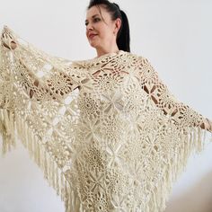 Beige shawl, lace shawl, bridal shawl, fall winter wedding fringed shawl, evening wrap, triangle bridesmaid wrap bride shawl shoulder cover Crochet Lace Shawl For Wedding, Wedding Crochet Lace Shawl, Wedding Lace Crochet Shawl, Wedding Lace Shawl With Lace Trim, Elegant Fringed Shawl For Wedding, Elegant Fringe Shawl For Wedding, Bohemian White Wraps For Wedding, Bohemian Beige Crochet Lace Shawl, Bohemian Cream Shawl Wrap