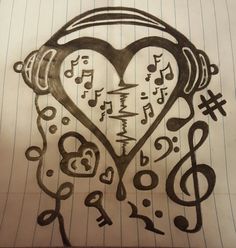 a drawing of a heart with musical notes