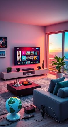 a living room filled with furniture and a flat screen tv on top of a wall