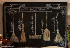 a chalkboard with brooms and witches written on it in different languages, along with the words hocps poop's broom co