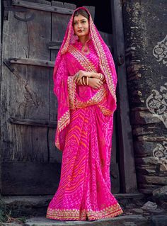 Magenta Georgette Printed Saree With Blouse 89773 Jaipur Sarees, Saree Bandhani, Saree Draping Styles, Saree Blouse Patterns