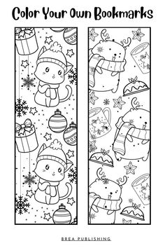 two bookmarks with cartoon animals and christmas decorations on them, one is black and white