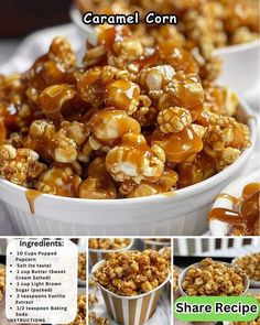 caramel corn in a white bowl with instructions to make it