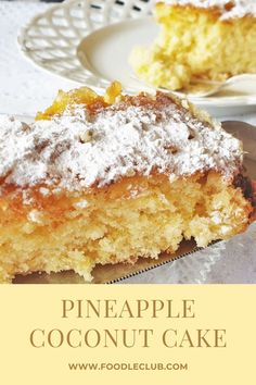 a piece of pineapple coconut cake with powdered sugar on top