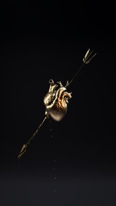 a gold rose with an arrow sticking out of it's center, on a black background