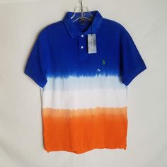 NEW Polo Ralph Lauren Mens Custom SLIM Fit Tie Dye Polo Shirt Size Medium - A605 New with Tag Size Medium (Custom Slim Fit) Multicolor (Blue / White / Orange) 100% Cotton Approximate Measurement (Flat Lay) - Chest (pit to pit) measures 20 inches across laying flat - Total length (top of shoulder to bottom) measures 28 inches - Polo Design, Ralph Lauren Mens, Tie And Dye, Design Fabric, Polo Ralph Lauren Mens, Ralph Lauren Men, Flat Lay, Polo Ralph, Polo Ralph Lauren