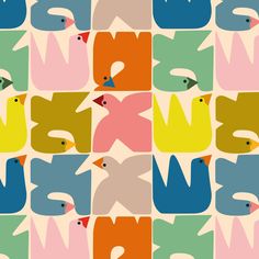 an abstract pattern with birds and letters in different colors