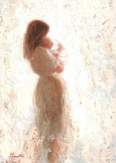 a painting of a woman holding a baby in her arms and looking down at the ground