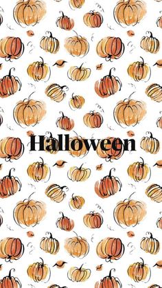 the words halloween written on a white background with orange and black pumpkins all over it