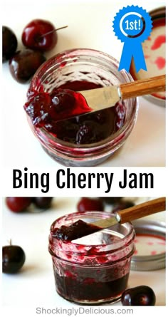 a jar filled with cherry jam next to some cherries