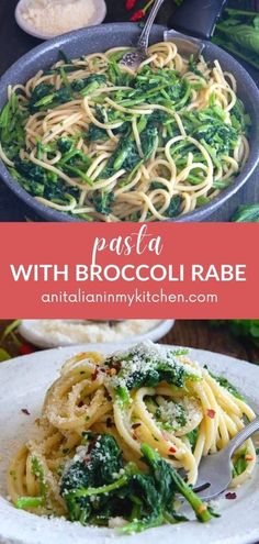 pasta with broccoli and parmesan cheese in a skillet on a table