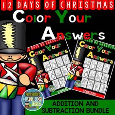 two christmas themed color your answers cards with the caption for each one, and an addition