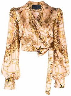 Beige/gold silk new-baroque wrap silk blouse from PHILIPP PLEIN featuring baroque-pattern print, spread collar, wrap design, long sleeves, tied waist and cropped. | Philipp Plein New-Baroque Wrap Silk Blouse Baroque Pattern, Gold Silk, Floral Print Blouses, Philipp Plein, Striped Blouse, Lace Blouse, Silk Top, Designer Outfits Woman, Printed Blouse