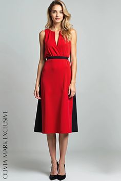 Olivia Mark - Elegant Vibrant Red and Sophisticated Black Midi Dress Sleek Red Dress For Formal Occasions, Sleek Red Dresses For Formal Occasions, Sleek Red Formal Dress, Chic Red Midi Dress For Work, Chic Red Midi Dress, Elegant Red Midi Dress For Date Night, Chic Red Knee-length Midi Dress, Chic Red Dresses For Work, Chic Red Dress For Work