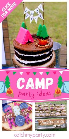 a collage of camp party ideas including cakes, cookies and desserts