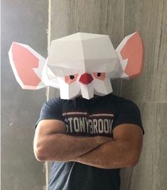 a man standing with his arms crossed wearing a paper rat mask