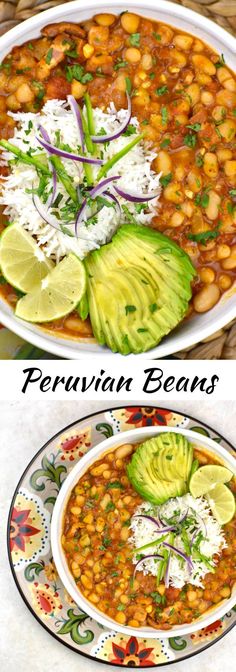 two plates with beans and avocado on them