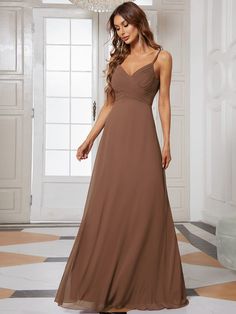 Criss-Cross V-Neck Chiffon Backless A-Line Bridesmaid Dress #color_Brown Open Back Bridesmaid Dress, Romantic Bridesmaid Dresses, Brown Bridesmaid Dresses, Chic Bridesmaid Dresses, Romantic Outdoor Wedding, Indoor Ceremony, Ever Pretty, Floor Length Skirt, Flowy Fabric