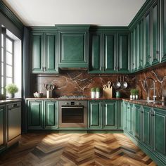 a kitchen with green cabinets and wood flooring on the walls is pictured in this image