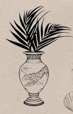 a black and white drawing of a fish in a vase next to a seashell