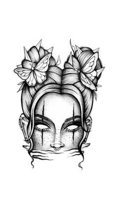 a drawing of a woman's face with flowers in her hair and eyes closed