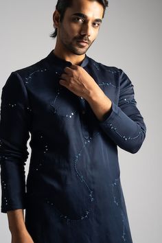 Midnight blue kurta featuring thread embroidered wave patterns, highlighted by mirrorwork. Comes with pant pyjama. - Aza Fashions Cotton Kurta With Embroidery For Diwali, Blue Cotton Kurta With Mirror Work, Fitted Cotton Kurta In Indigo, Fitted Indigo Cotton Kurta, Blue Kurta, Men Kurta, Pajama Pattern, Kurta With Pants, Mens Pajamas