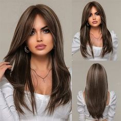 Brown With Grey Highlights, Wigs With Curtain Bangs, Long Straight Layers, Layered Wigs, Wigs Brown, Layered Wig, Layers Medium, Straight Layered Hair, Natural Straight Hair