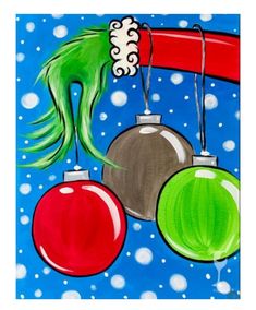 an acrylic painting of christmas ornaments hanging from a red pole