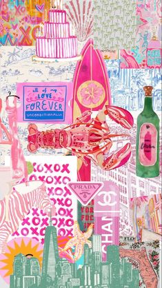 a collage of pink, green and blue items with buildings in the back ground