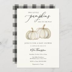 two little pumpkins are on the way baby shower card with gingham checkered background