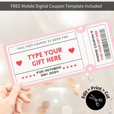 a person holding up a pink ticket for valentine's day with the text, free printable coupon coupon template included