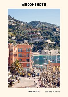 the front cover of a travel brochure with an image of buildings and boats