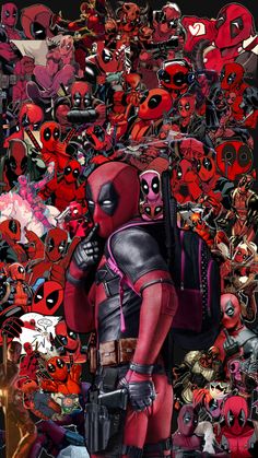 deadpool is standing in front of a bunch of deadpools