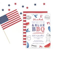 an american flag and watermelon are on the table next to a red, white and blue bbq party card