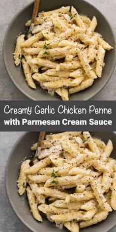 creamy garlic chicken pennes with parmesan cream sauce in two bowls, one being eaten