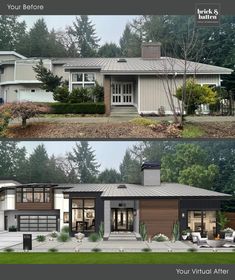 before and after photos of a modern house in the middle of an open yard area